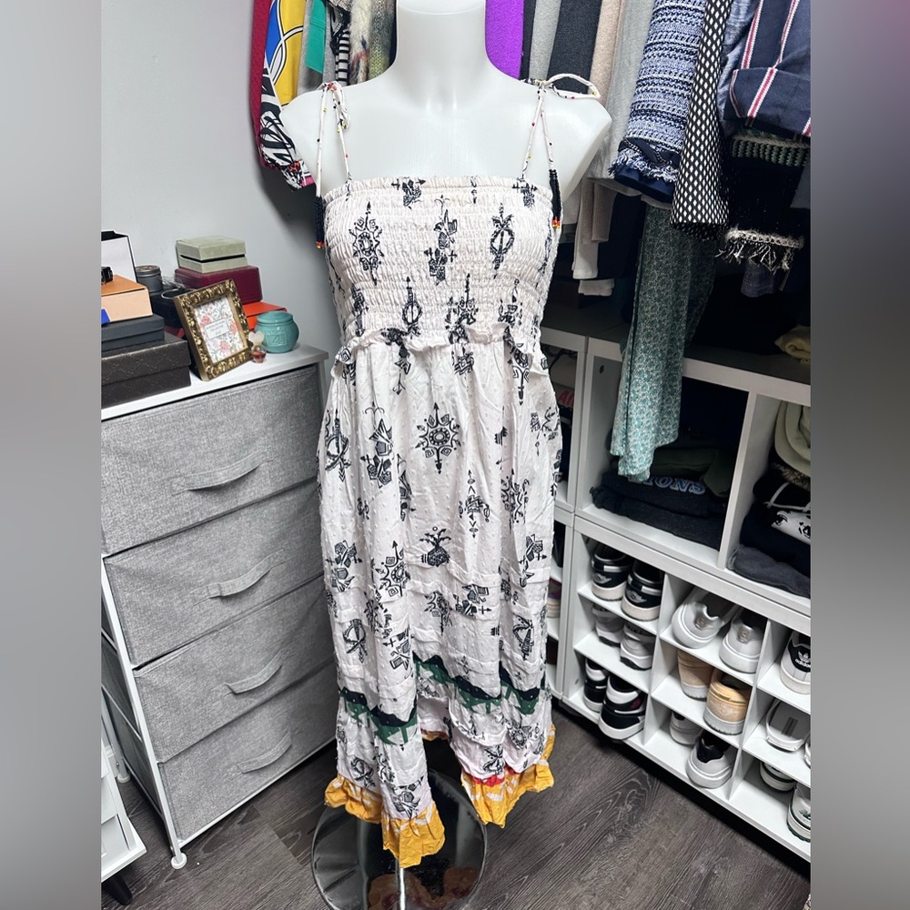 Farm Rio smocked tie strap midi dress